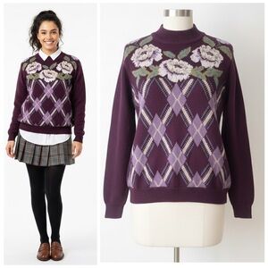 90s Floral Argyle Sweater Plum Purple Intarsia Cottagecore Knit Academia Size S
